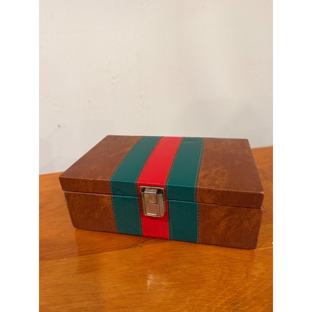 Vintage Double Six Dominoes Set in Green Red Stripe Faux Leather Case 53 Dominos